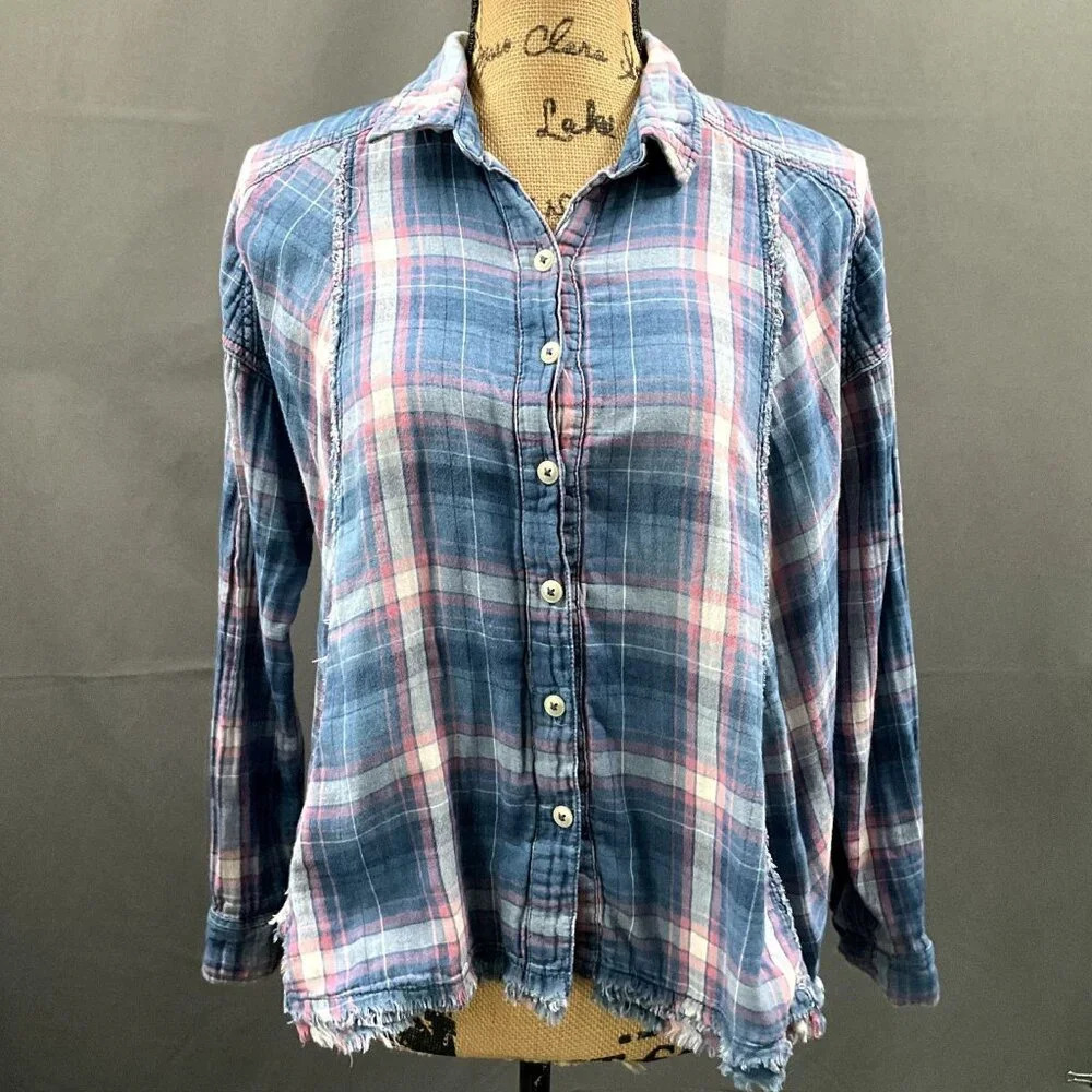We the Free Top Women XS Button Up Pleated Plaid Blouse Raw Hem Oversize Cowgirl
